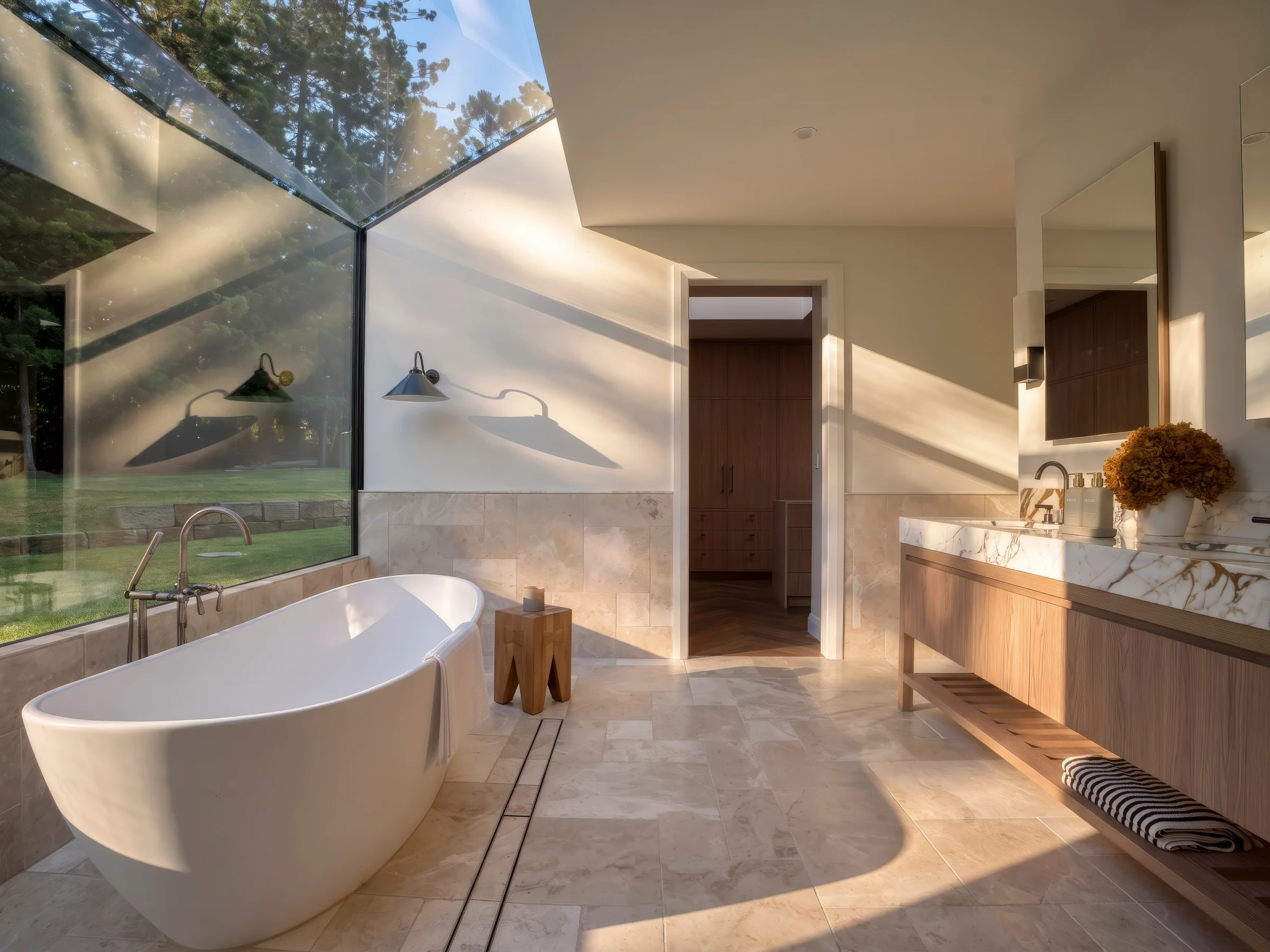 Natural stone and timber joinery in the sunlit Talley bathroom, an Eastern Built project.